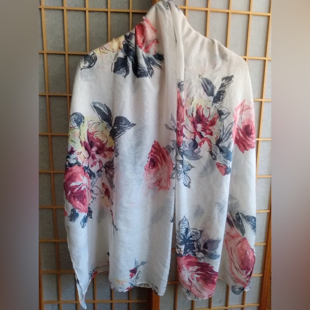 White & Pink Floral Rose Large Rectangular Scarf Shawl - Set of 2